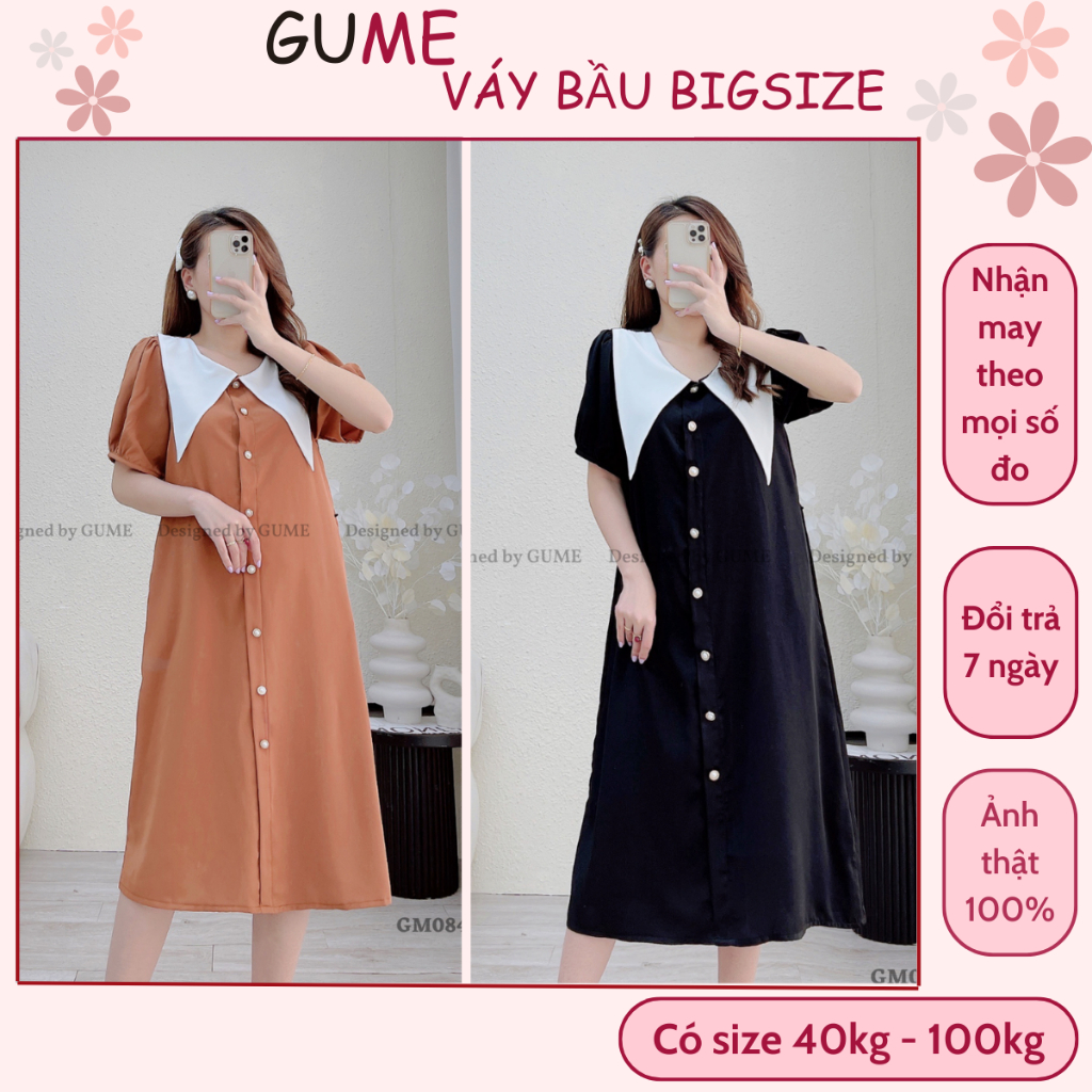 Váy bầu bigsize 40-100kg - Đầm bầu công sở GuMe dáng suông lá cổ to, chất liệu lụa ngọc trai, 2 màu nâu, đen GM084