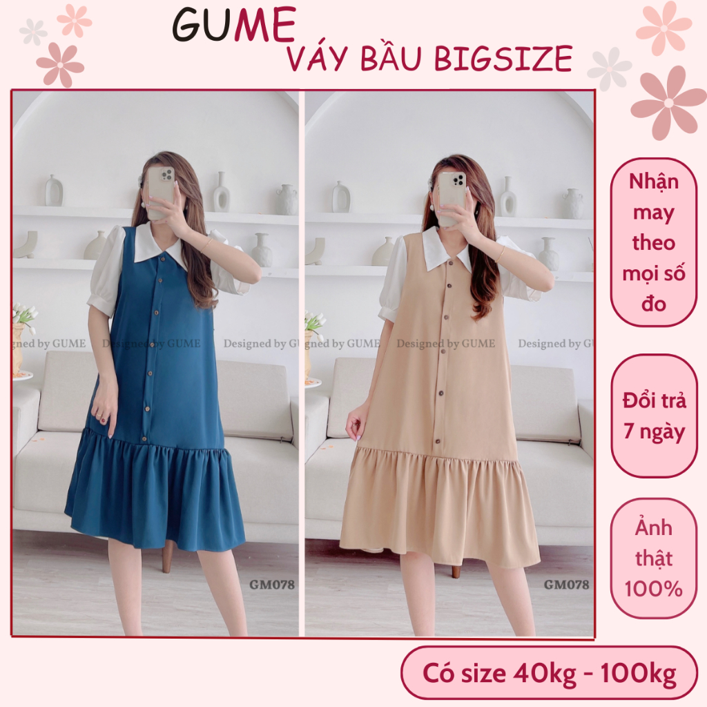 Váy bầu bigsize - Đầm bầu thiết kế GuMe 2 màu nâu , xanh dáng đuôi cá khuy dọc chất vải chéo hàn size tư 40-100kg GM078