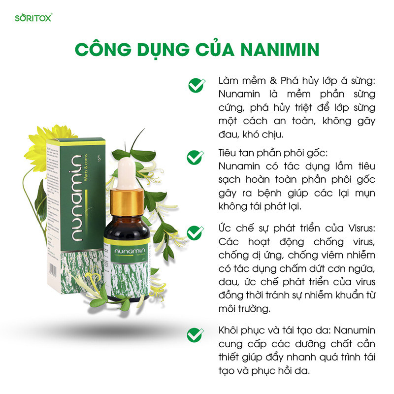 Tinh Chất Xoá Mụn Cóc, Mụn Cơm, Mắt Cá Chân, Mụn Thịt, Mụn Ruồi Chiết Xuất Thảo Mộc Nunamin 15Ml