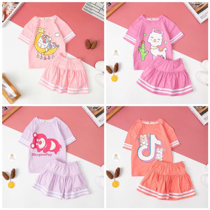 Bộ cotton quần váy bé gái 3-10y (11-30kg). Chất cotton mềm mịn, thấm hút mồ hôi, co giãn tốt