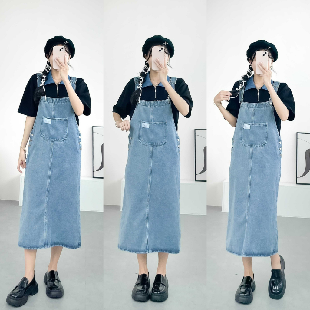 Yếm váy jean VM Shop nữ dáng dài túi hộp trước nút bên thời trang Ulzzang 12 YJU00016