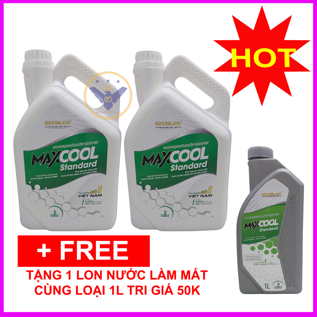 COMBO 2 can nước làm mát động cơ xe ô tô màu xanh Maxcool 4L tặng lon 1L