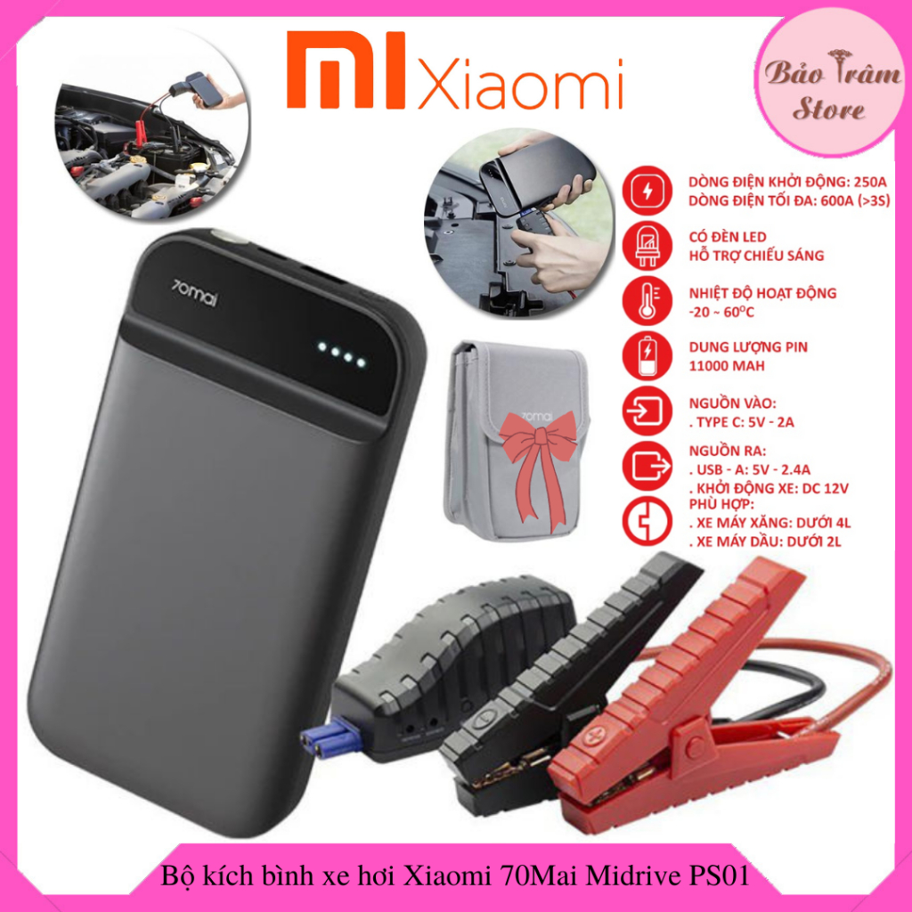Bộ kích bình xe hơi Xiaomi 70Mai Midrive PS01, kiêm sạc dự phòng cho điện thoại, tích hợp đèn chiếu sáng, tặng kèm túi