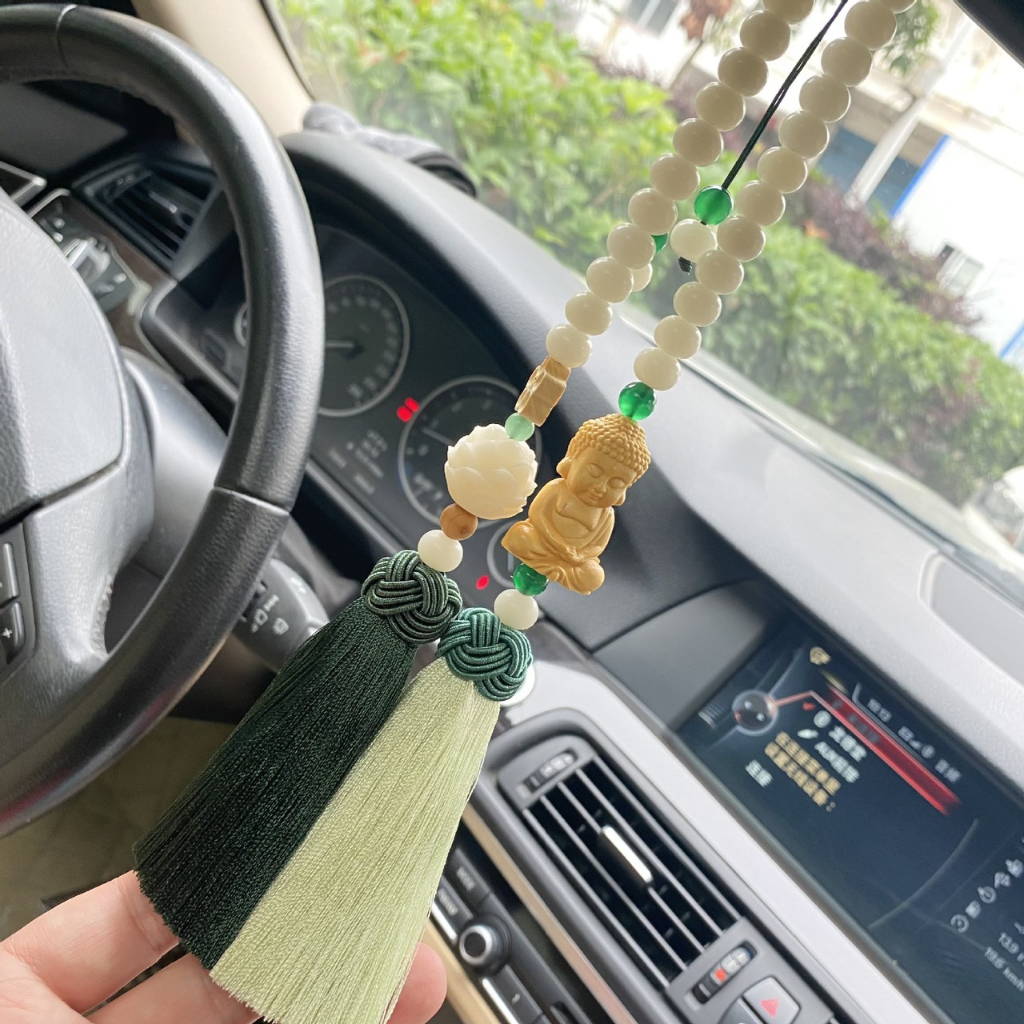 Khánh treo gương chiếu hậu oto, hạt bồ đề lá sen và tượng phật gỗ hoàng dương, trang trí xe oto, nội thất xe hơi cao cấp