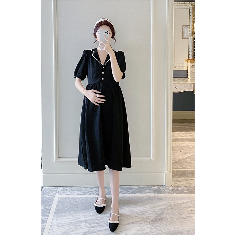 Váy bầu bigsize - Đầm bầu thiết kế GuMe Cổ Pyjama Viền Ren 3 Màu Đen , Hồng , Xanh dáng babydoll chất vải đũi hàn MB168