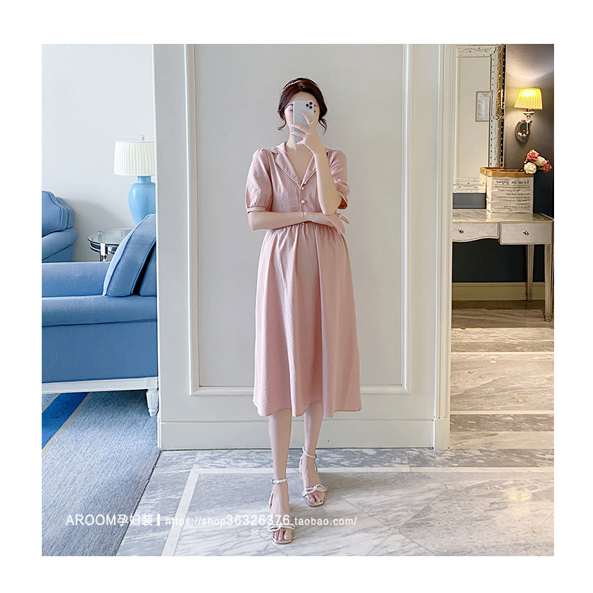 Váy bầu bigsize - Đầm bầu thiết kế GuMe Cổ Pyjama Viền Ren 3 Màu Đen , Hồng , Xanh dáng babydoll chất vải đũi hàn MB168