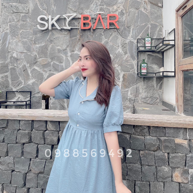 Váy bầu bigsize - Đầm bầu thiết kế GuMe Cổ Pyjama Viền Ren 3 Màu Đen , Hồng , Xanh dáng babydoll chất vải đũi hàn MB168