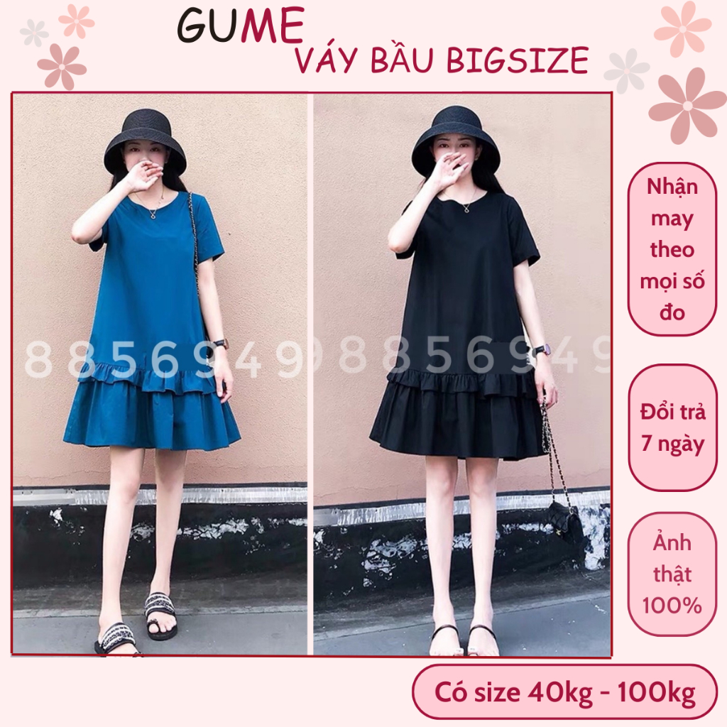 Váy bầu bigsize - Đầm bầu thiết kế GuMe 2 màu xan, đen dáng suông bèo tầng chất vải chéo hàn size từ 40-100kg MB234