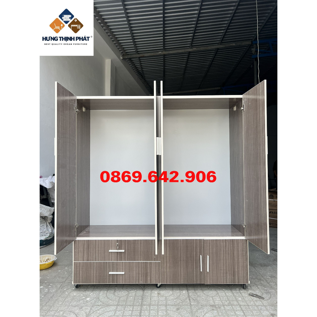 Tủ quần áo nhựa đài loan 4 cánh lớn màu xám 1m8x1m6x47