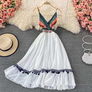 Váy hai dây hoạ tiết thổ cẩm vintage hàng Quảng Châu