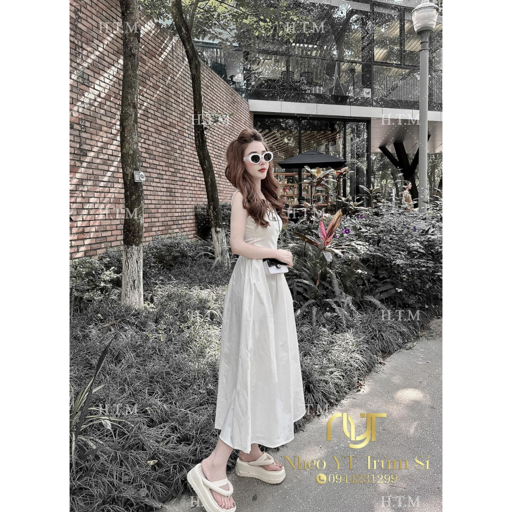 váy sát nách body dây lưng chân váy xoè maxi có logo tiểu thư