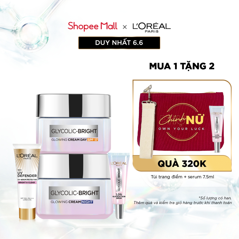 Bộ kem sáng da mờ thâm tức thì, serum cấp ẩm & chống nắng L'Oreal Paris Glycolic Bright