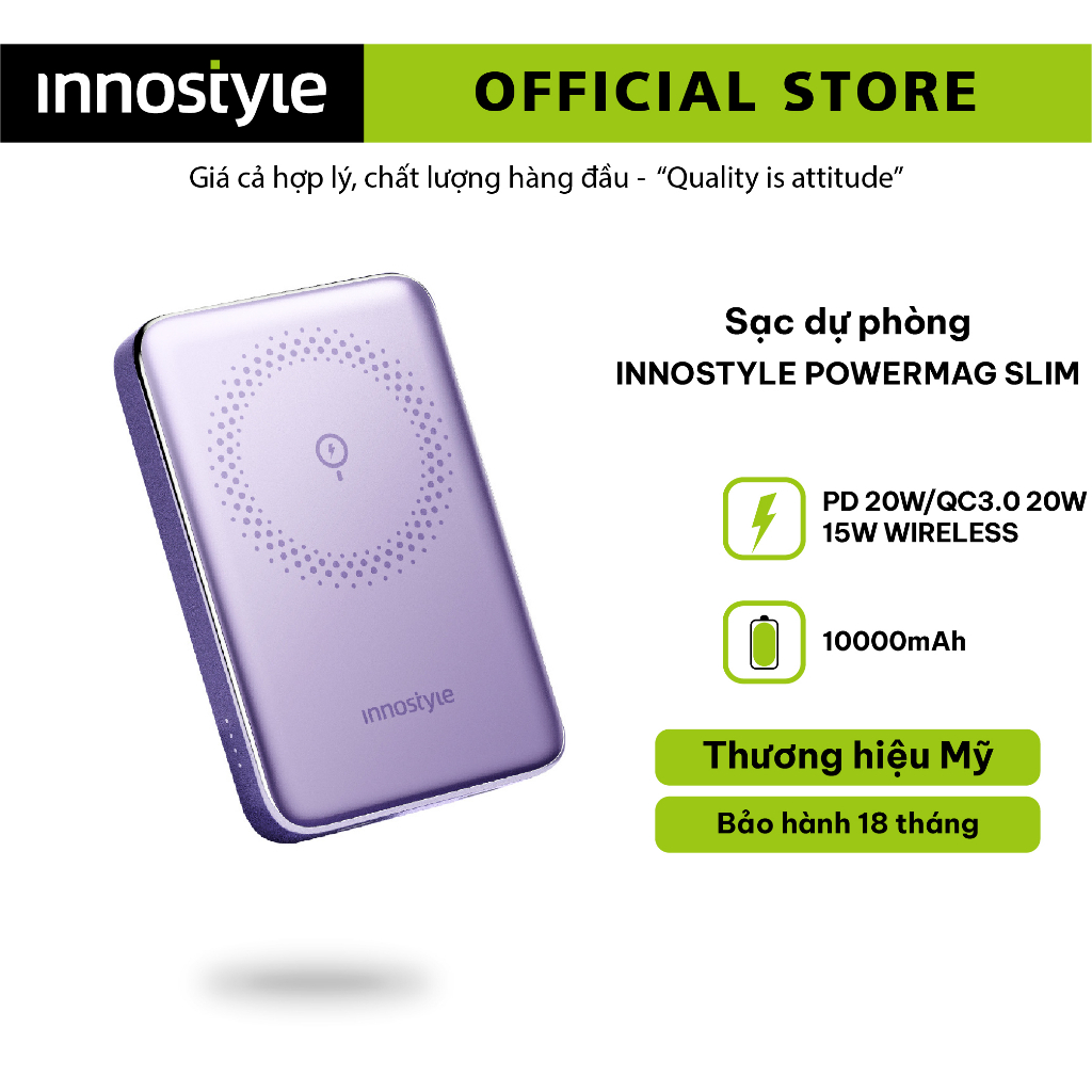 Sạc dự phòng hít từ tính INNOSTYLE POWERMAG SLIM 15W (WIRELESS) PD/QC3.0 20W 10000MAH IM20PD - Hàng Chính Hãng