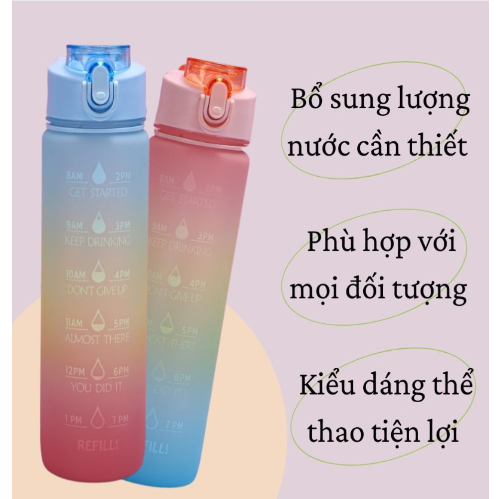 Bình nước 1 lít dành cho người lười uống nước, bình nước cute 1L có ống hút, vạch chia nhắc giờ chất liệu PP an toàn