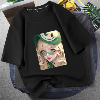 0084 Áo thun nam nữ form rộng tay lỡ unisex hình in cô gái tóc vàng đội nón xanh