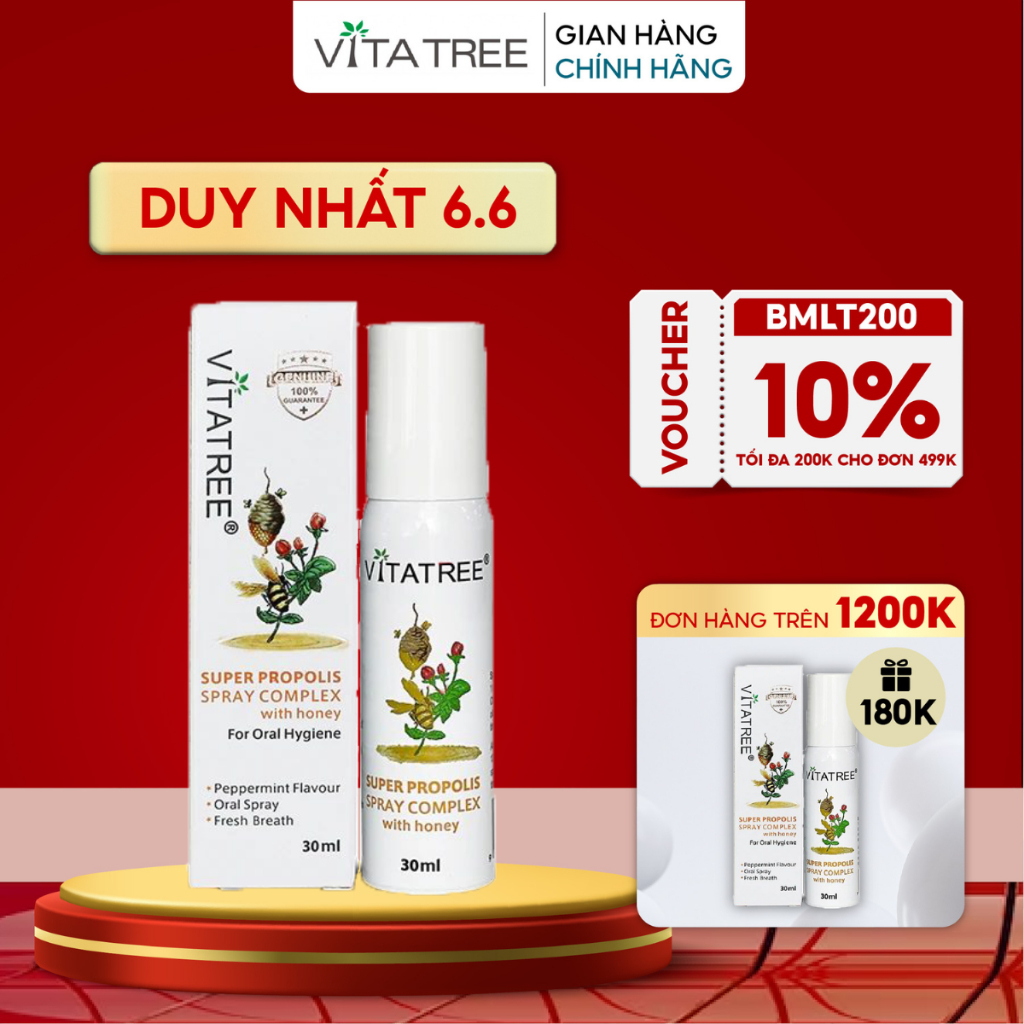 Xịt họng keo ong Vitatree Super Propolis Spray Complex with honey 30ml, giảm ngứa rát họng