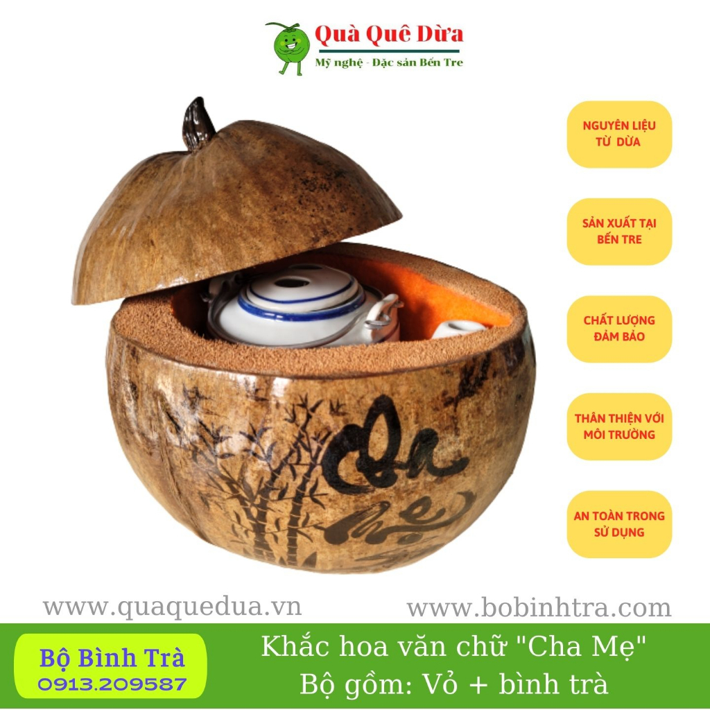 Bộ Bình Trà Trái Dừa Khắc Hoa Văn Lồng Chữ Cha Mẹ,Tặng Kèm Bình Trà Tương Ứng