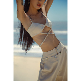 Set áo crop top thắt eo kèm quần xuông ống rộng The Country Ciao Lucia Set vải Linen