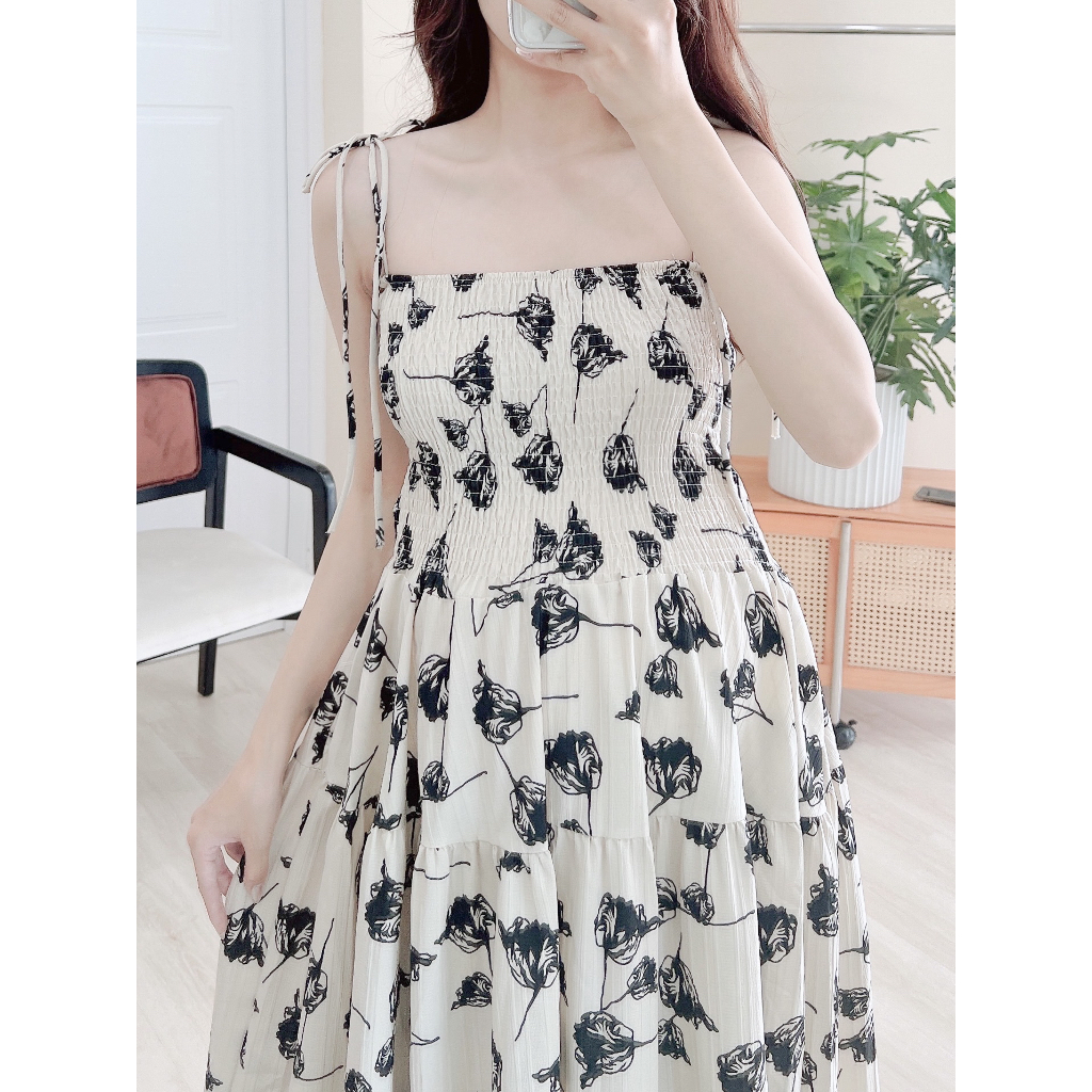 Đầm bầu roses floral maxi hai dây dáng xoè mùa hè Snugg -  SNU2184