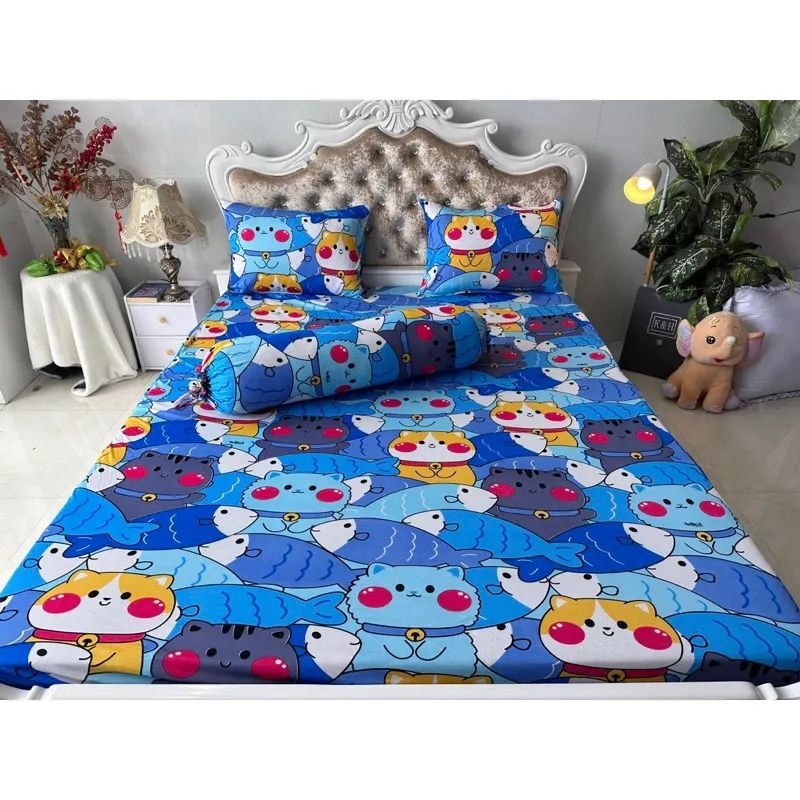 Bộ Drap thun Hàn Quốc mẫu cá và mèo dễ thương