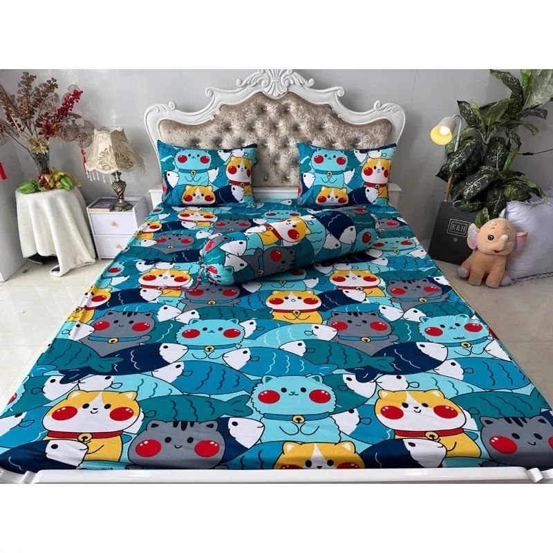 Bộ Drap thun Hàn Quốc mẫu cá và mèo dễ thương