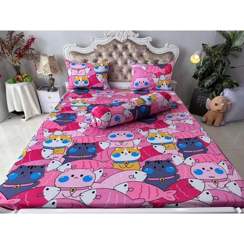 Bộ Drap thun Hàn Quốc mẫu cá và mèo dễ thương