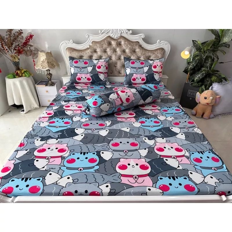 Bộ Drap thun Hàn Quốc mẫu cá và mèo dễ thương