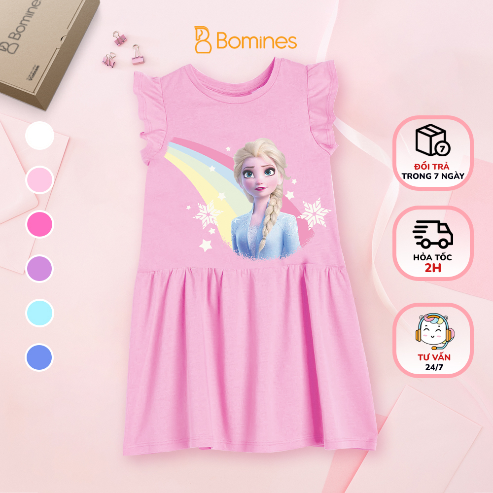 Váy bé gái Elsa cầu vồng BOMINES tay cánh tiên thun co giãn 4 chiều cho bé gái 3-12 tuổi, 12-36kg DTNCANHTIENELSACAUVONG