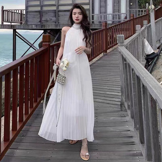 Váy maxi xếp ly cổ yếm dáng xuông, hàng QCCC