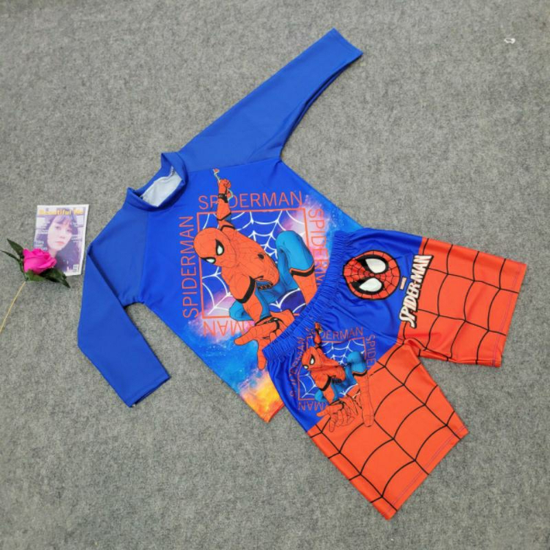 Sét Bơi Rời Tay Dài Bé Trai 2 Màu Xanh Đỏ Hình Nhân Vật Siêu Nhân Nhện Superman,đủ size 10 đến 55 ký,Hàng Sẵn Sll