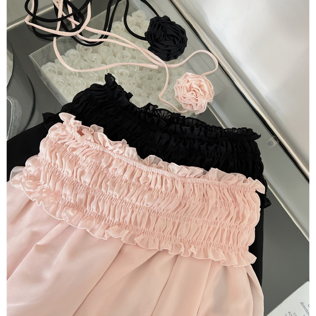 Váy trễ vai nhún bèo nơ cổ bông hoa Peony Dress cao cấp, váy voan tơ trễ vãi Deliz Studio | BigBuy360 - bigbuy360.vn