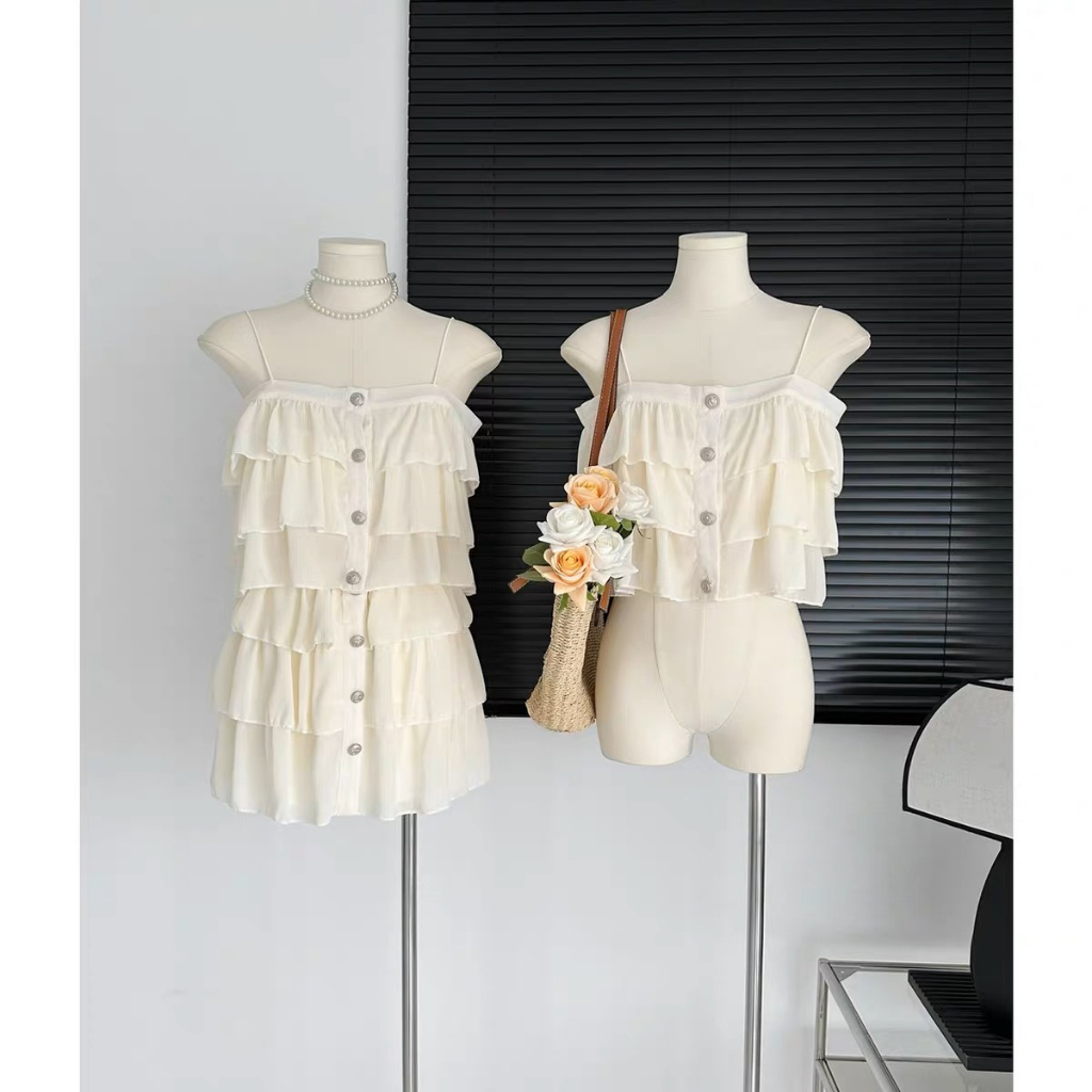 Set áo kèm chân váy đũi Hàn 3 tầng Lily Set, Set váy áo hai dây nhiều tầng cao cấp Deliz Studio | BigBuy360 - bigbuy360.vn