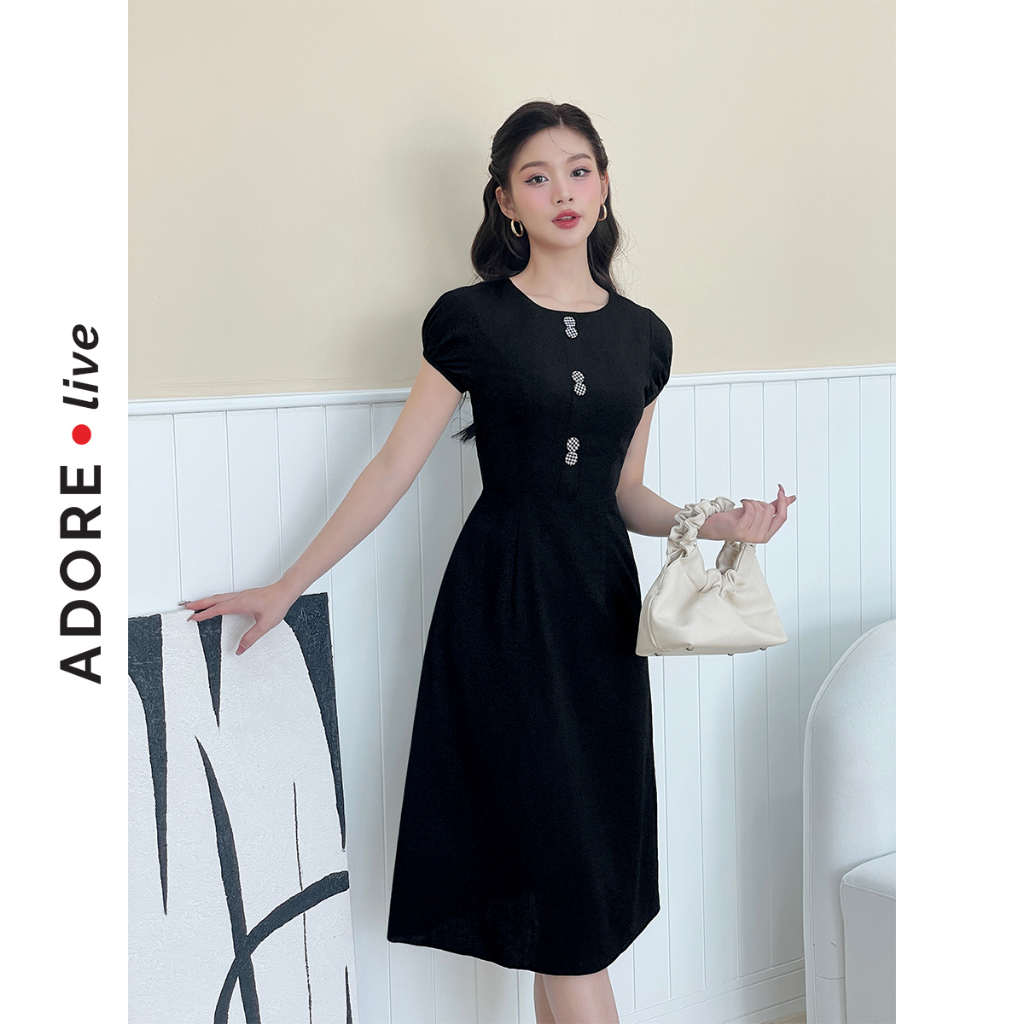 Đầm Midi dresses cổ tròn giả đũi đen phối khuy karo 321DR2062 ADORE DRESS