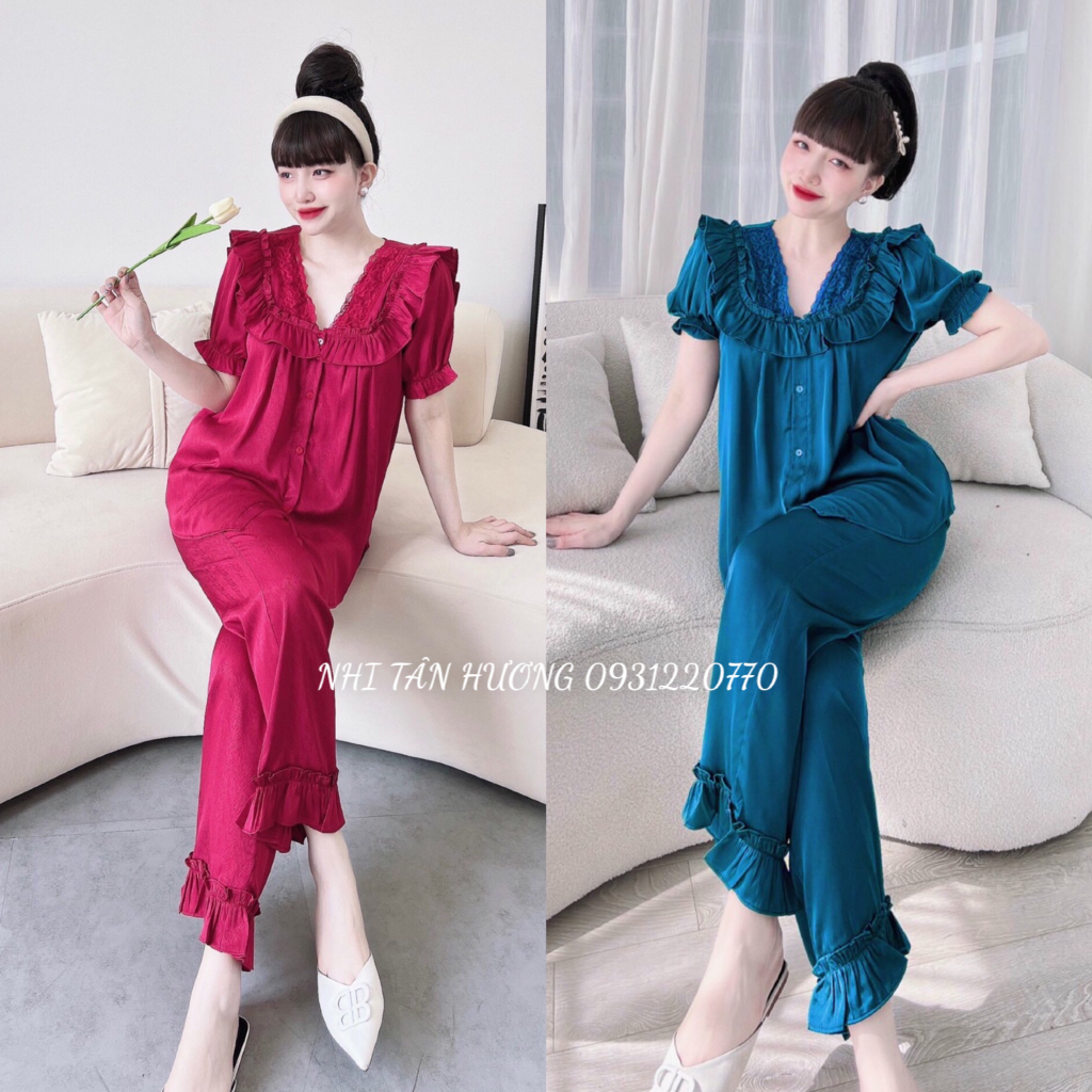 Bộ Mặc Nhà Lụa Latin Cao Cấp Quần Dài Tay Ngắn Phối Ren Tiểu Thư 45 - 60kg