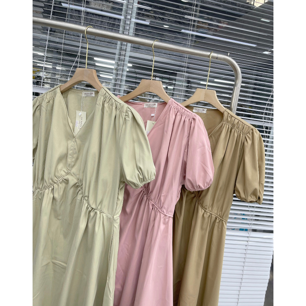 Váy kaki dáng dài tay bồng vintage A8687.