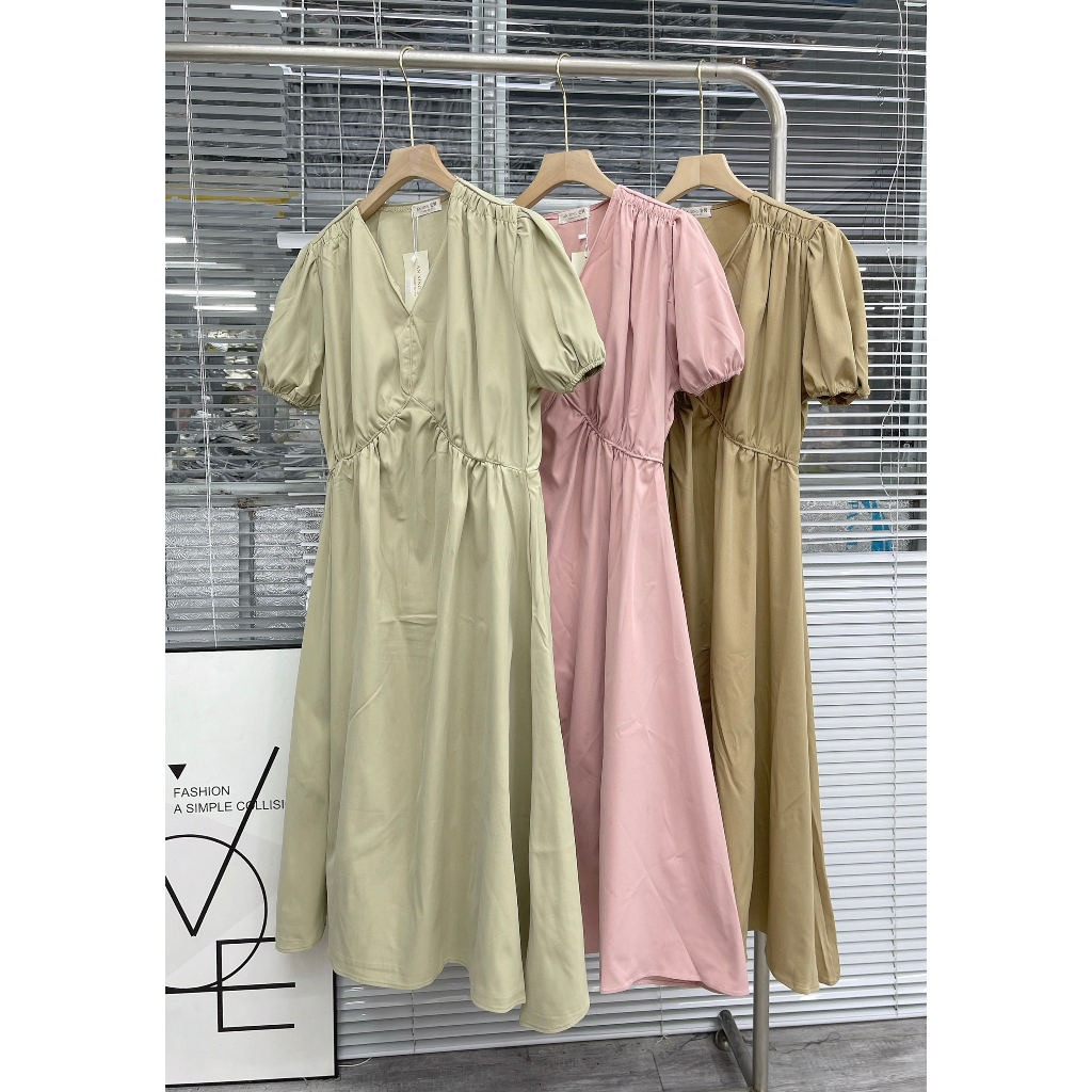 Váy kaki dáng dài tay bồng vintage A8687.