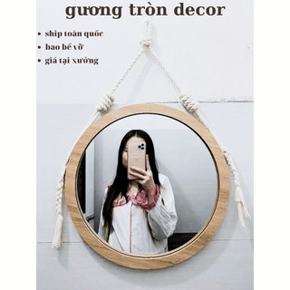 Gương decor, Gương tròn bàn trang điểm treo tường soi mặt trang trí phòng ngủ viền gỗ tặng phụ kiện GUONGHOANGKIM