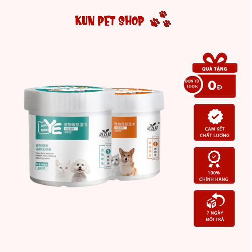 Khăn Ướt Lau Mắt Và Vết Ố Cho Chó Mèo, Bông Lau Tai Cho Thú Cưng 130 Miếng - Kun Pet Shop