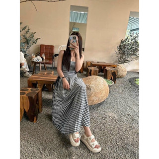 Váy Ống Caro Xếp Thân Form Maxi Mặc Du Lịch và Đi Chơi