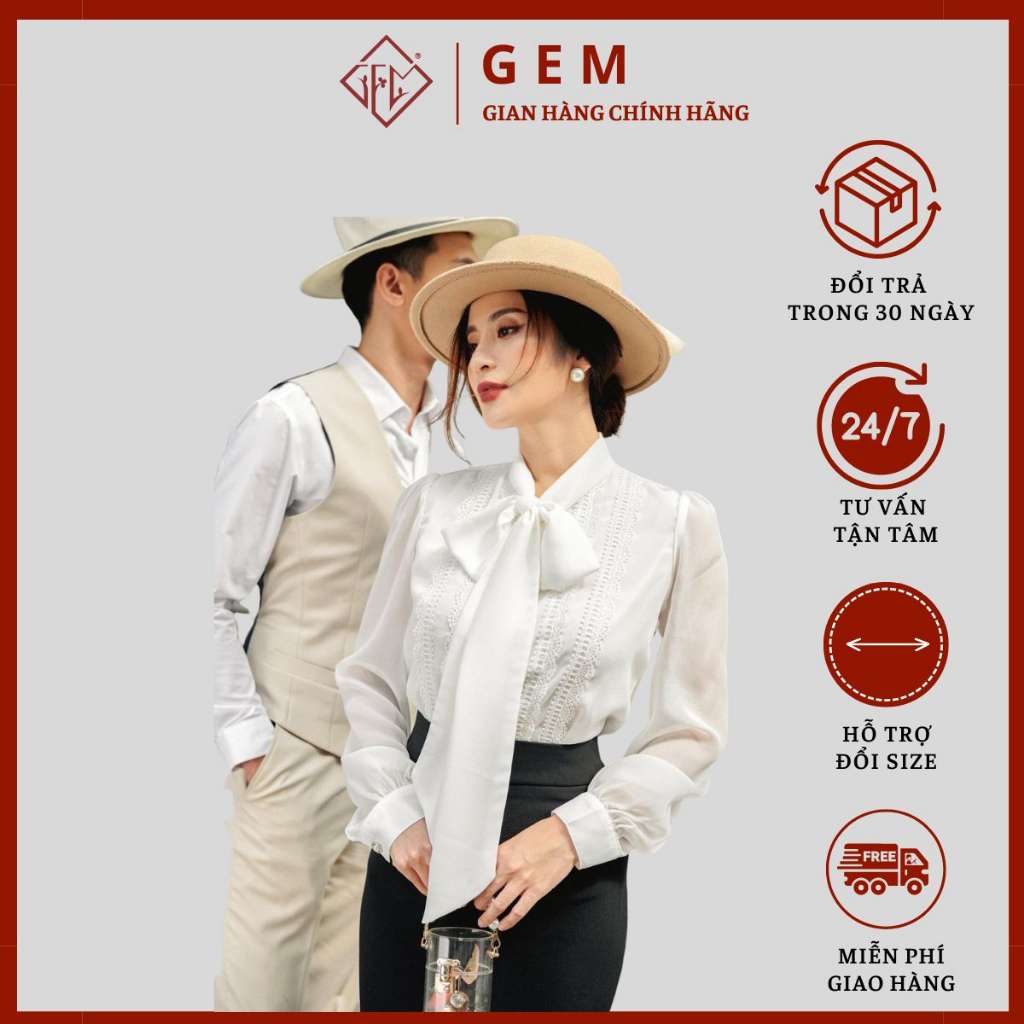 Áo sơ mi nữ trắng G108 kiểu dáng đẹp và nữ tính phối ren đi học hay công sở siêu xinh - Gem Fashion
