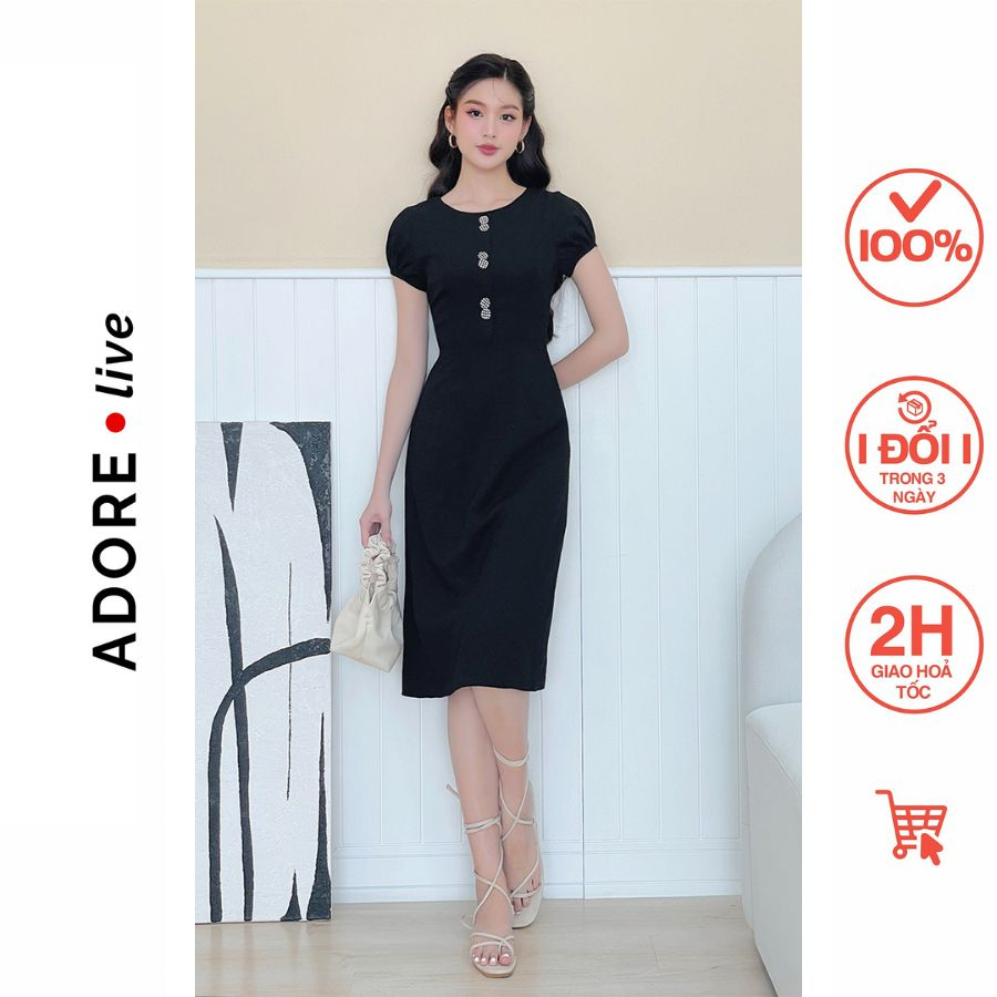 Đầm Midi dresses cổ tròn giả đũi đen phối khuy karo 321DR2062 ADORE DRESS