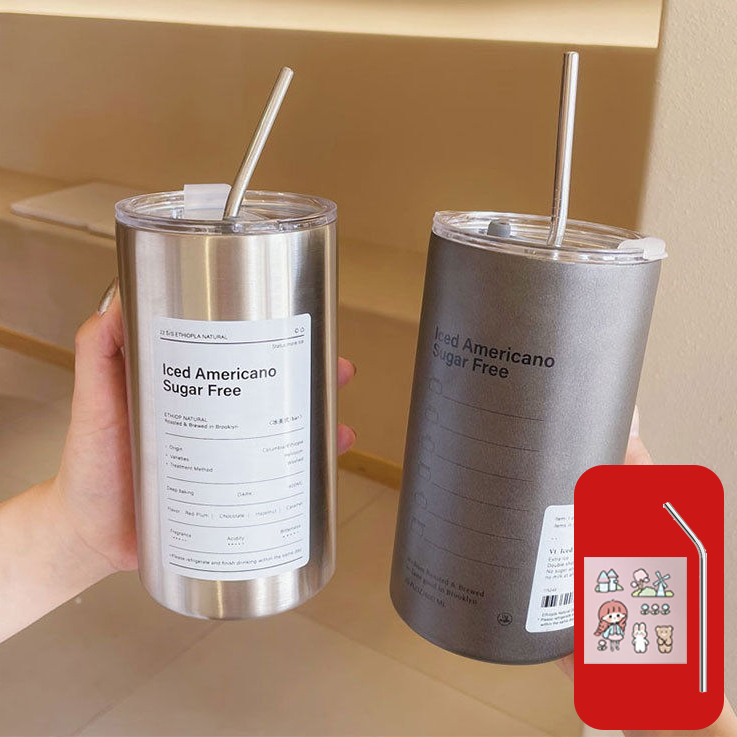 Ly giữ nhiệt iced americano inox 304 cao cấp không gỉ, 600ML/350ML,cốc uống nước giữ nhiệt có ống hút tiện lợi