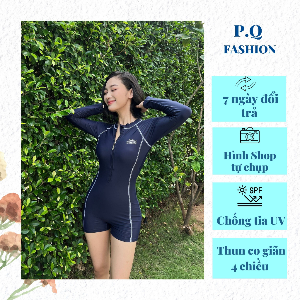 Đồ bơi nữ, bikini áo tắm dạng một mảnh kín đáo, tay dài & có khóa - Đen