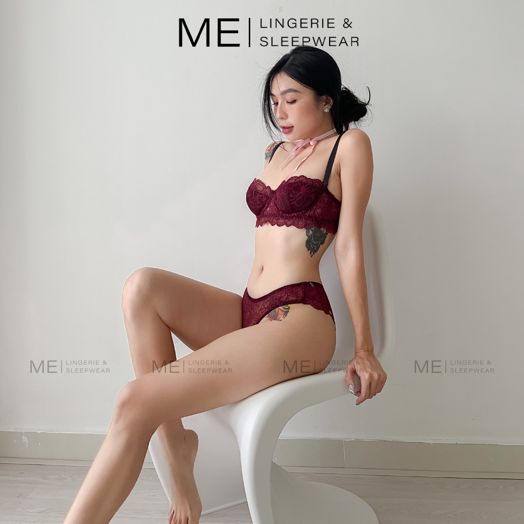 SOPHIE| Bộ Đồ Lót Ren Nữ Áo Cup Ngang Nửa Quả Nâng Ngực Quần Lót Cánh Tiên Gợi Cảm Đỏ Mận Melingerie & Sleep wear