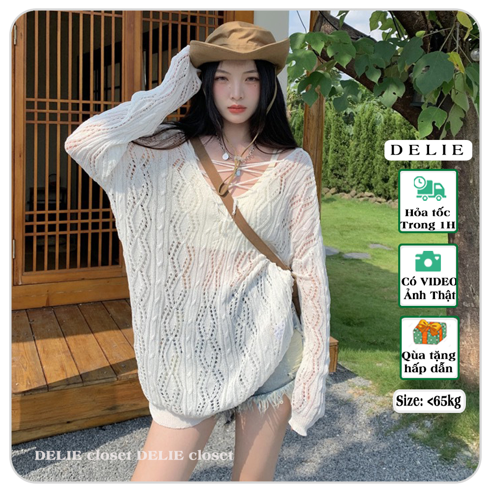 Áo kiểu dệt kim dài tay mùa hè DELIE cổ chữ V thiết kế đan lỗ mỏng, phần lưng đan dây dáng rộng phon