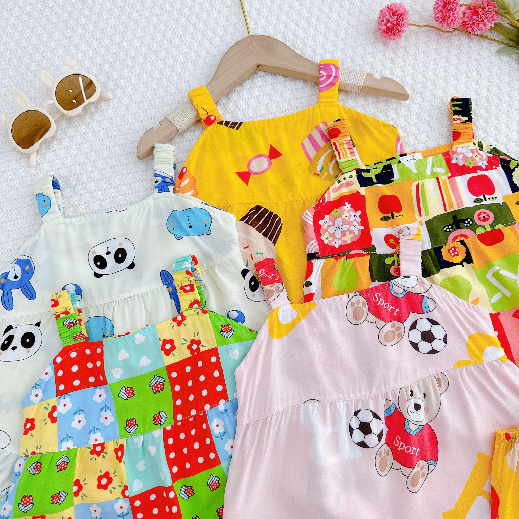 Đồ bộ mặc nhà vải tôn - Áo hai dây thun lanh mềm mịn mát kiểu dáng xinh xắn đáng yêu cho Bé Gái 7-13kg