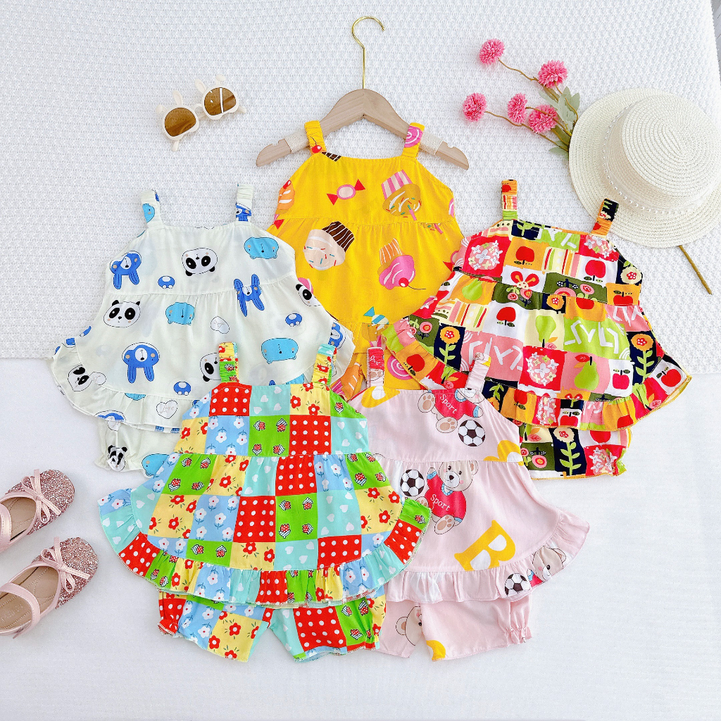 Đồ bộ mặc nhà vải tôn - Áo hai dây thun lanh mềm mịn mát kiểu dáng xinh xắn đáng yêu cho Bé Gái 7-13kg