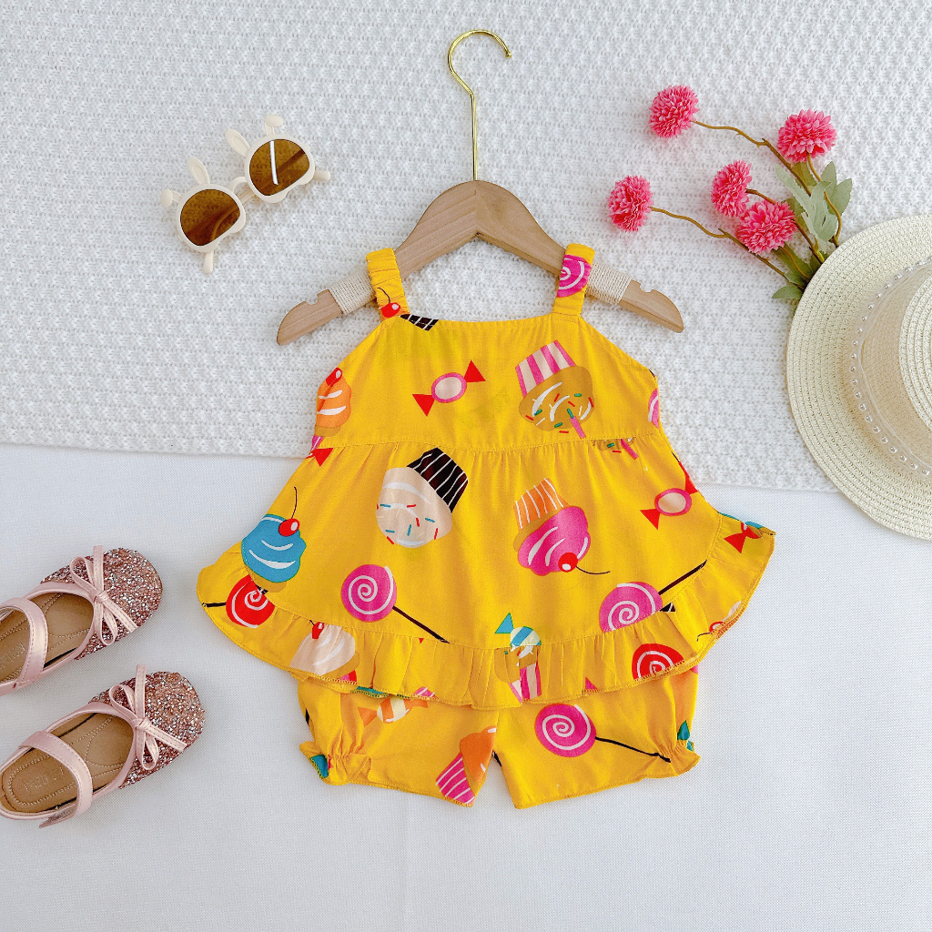 Đồ bộ mặc nhà vải tôn - Áo hai dây thun lanh mềm mịn mát kiểu dáng xinh xắn đáng yêu cho Bé Gái 7-13kg