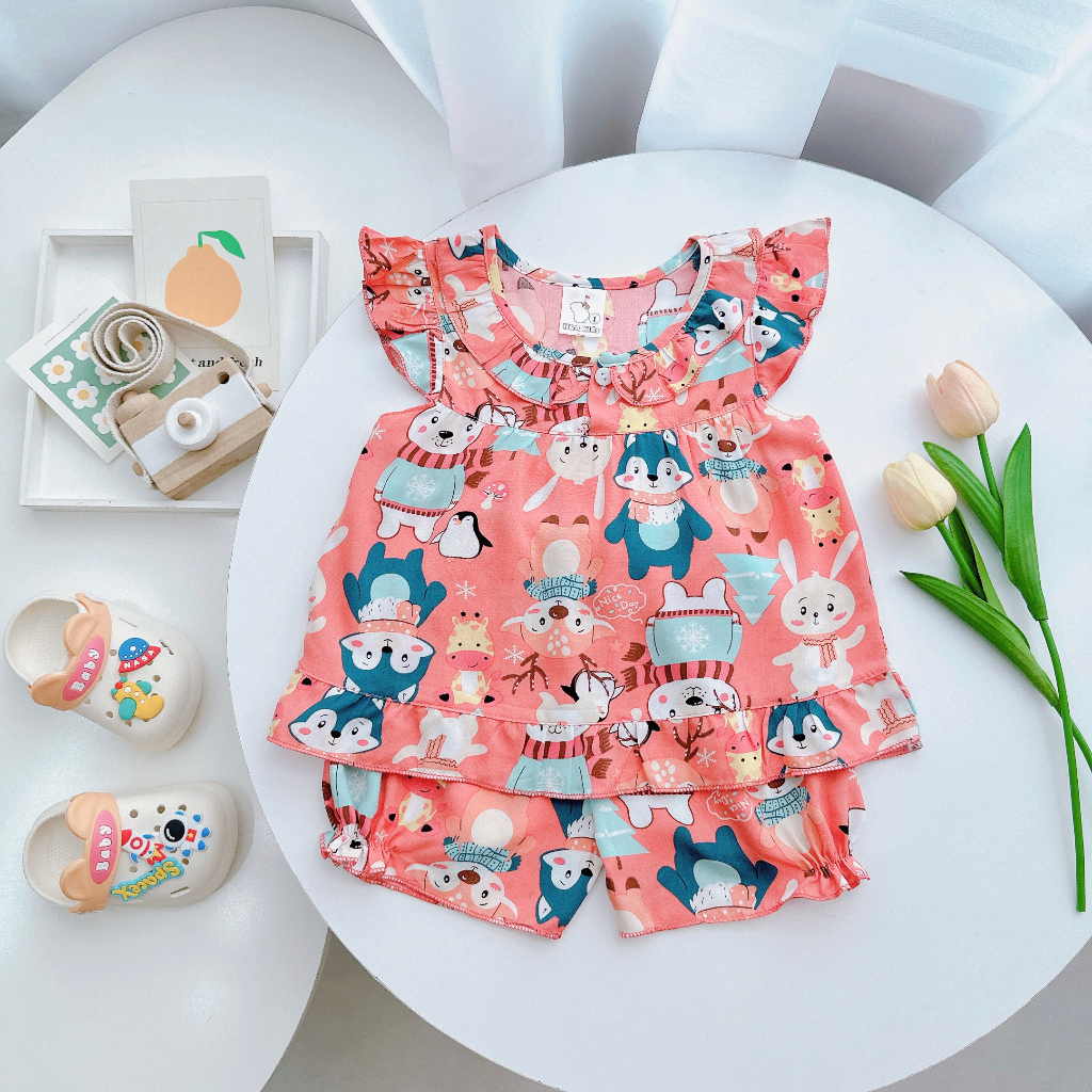 Đồ bộ mặc nhà vải tôn - Cánh tiên  lanh mềm mịn mát kiểu caro dáng xinh xắn đáng yêu cho Bé Gái 7-13kg