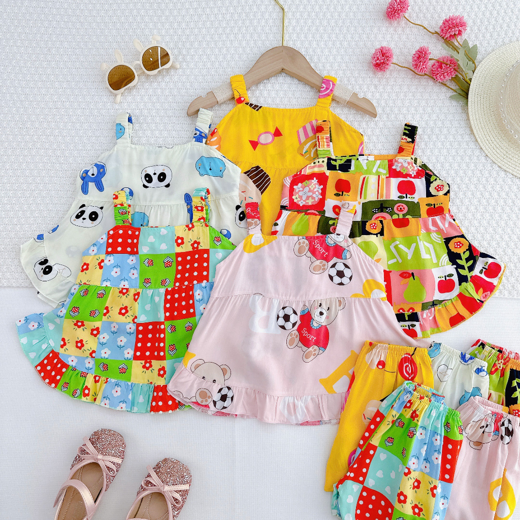 Đồ bộ mặc nhà vải tôn - Áo hai dây thun lanh mềm mịn mát kiểu dáng xinh xắn đáng yêu cho Bé Gái 7-13kg